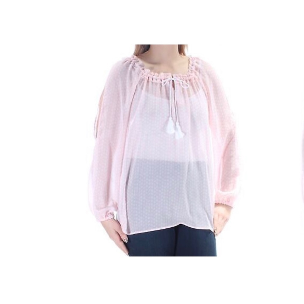 Tommy Hilfiger Women’s Sheer Polka Dots Pink Ballon Sleeve Top Size L NWT